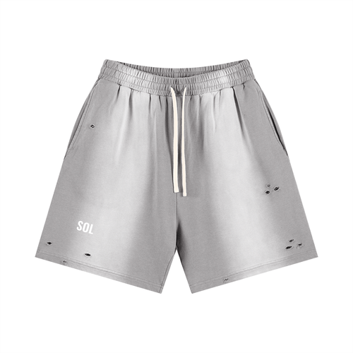 SOL Sun Fade Distressed Shorts — ripped edge and pocket detail