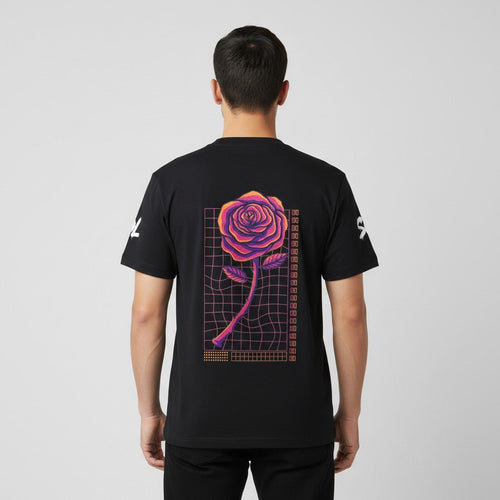 Model wearing black SOL Daybreak Lightweight Tee, back view showing colorful rose and geometric artwork