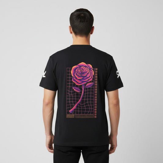 Model wearing black SOL Daybreak Lightweight Tee, back view showing colorful rose and geometric artwork