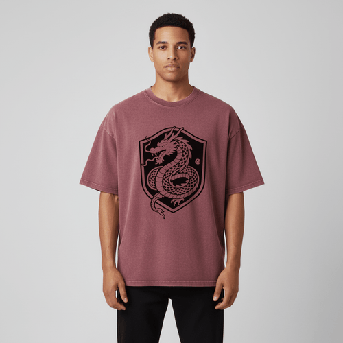 Model wearing the red SOL Frostline Oversized Tee with black dragon shield chest graphic