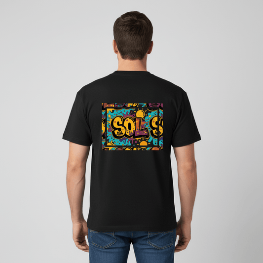 Model wearing the black SOL Meridian Boxy Tee, rear view showing colorful rectangular SOL artwork