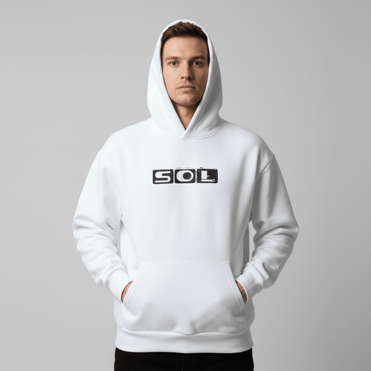 Model wearing the white SOL Monolith Heavyweight Hoodie with rectangular SOL chest artwork