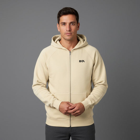 Model wearing apricot SOL Overcast Zip Hoodie with black chest logo, front view
