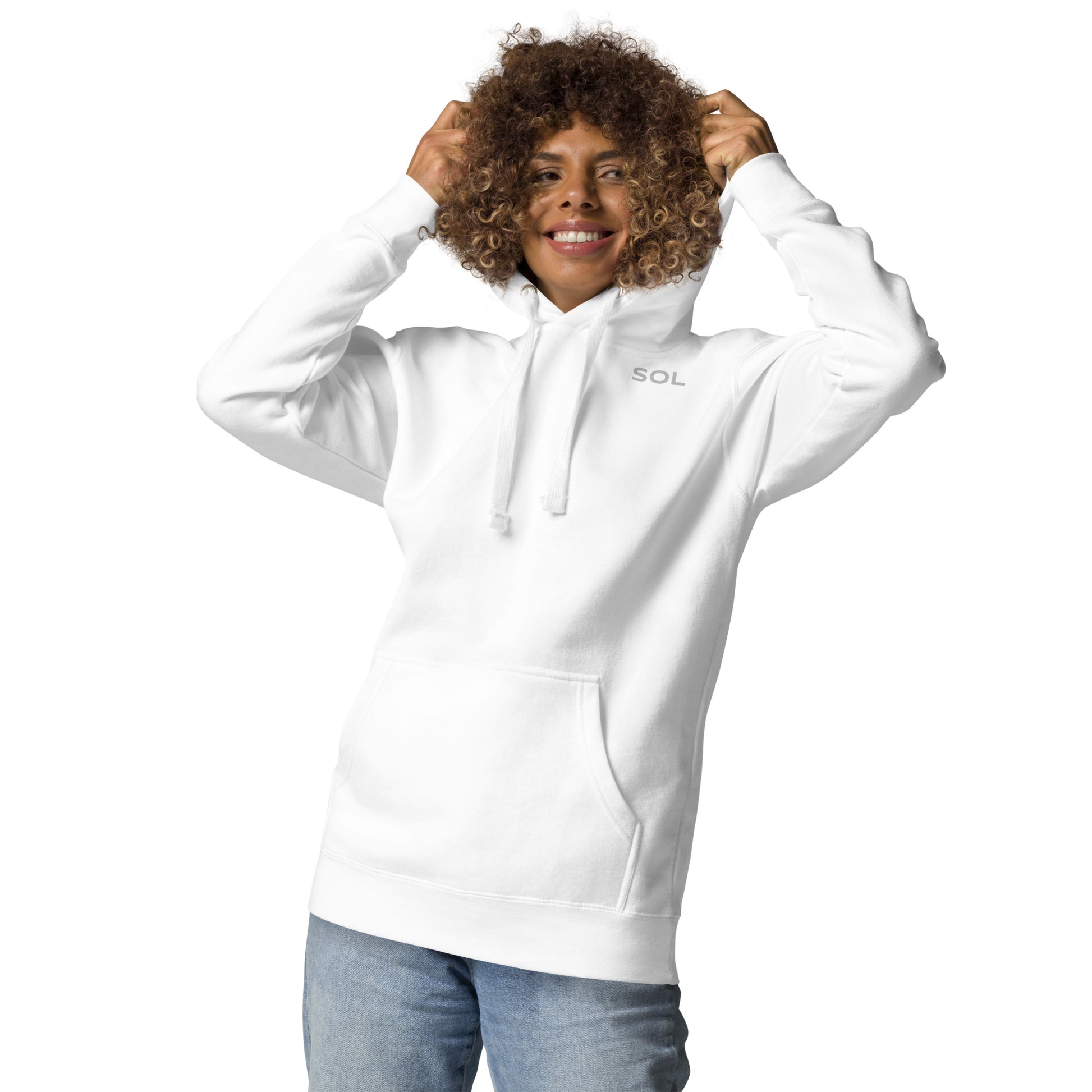 SOL Unisex Hoodie in White — front detail