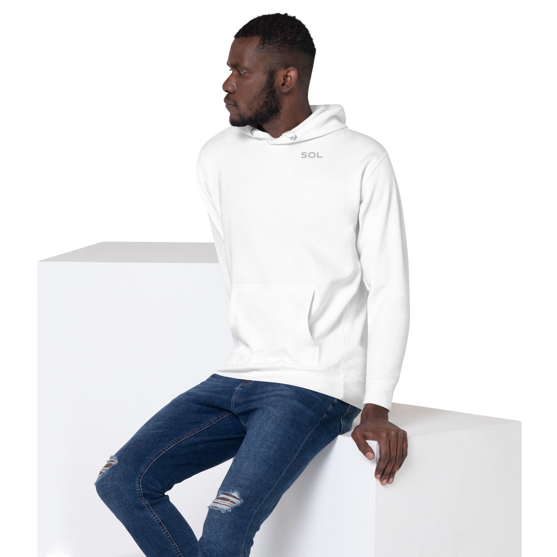 SOL Unisex Hoodie in White — angled front view