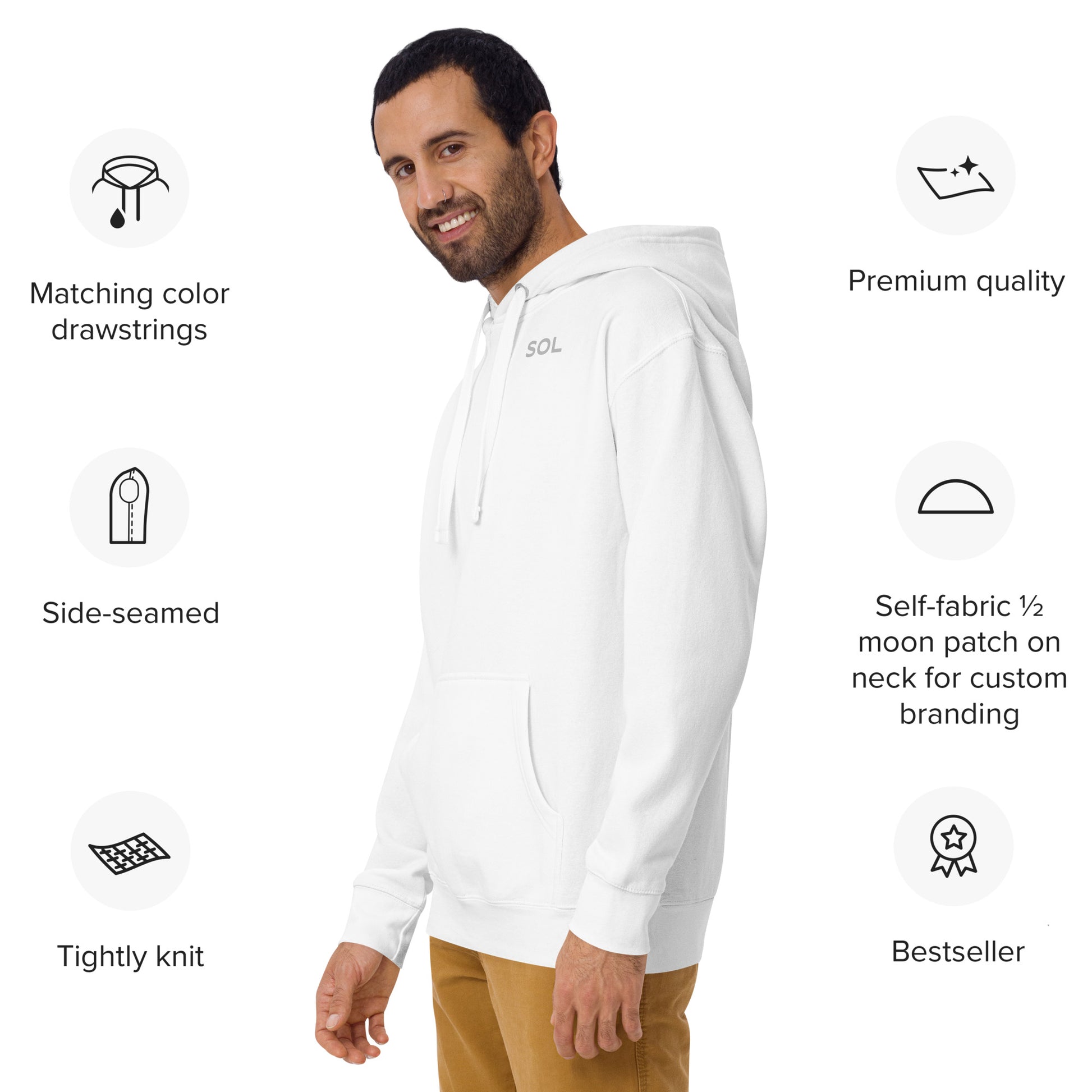 SOL Unisex Hoodie in White — angled front view
