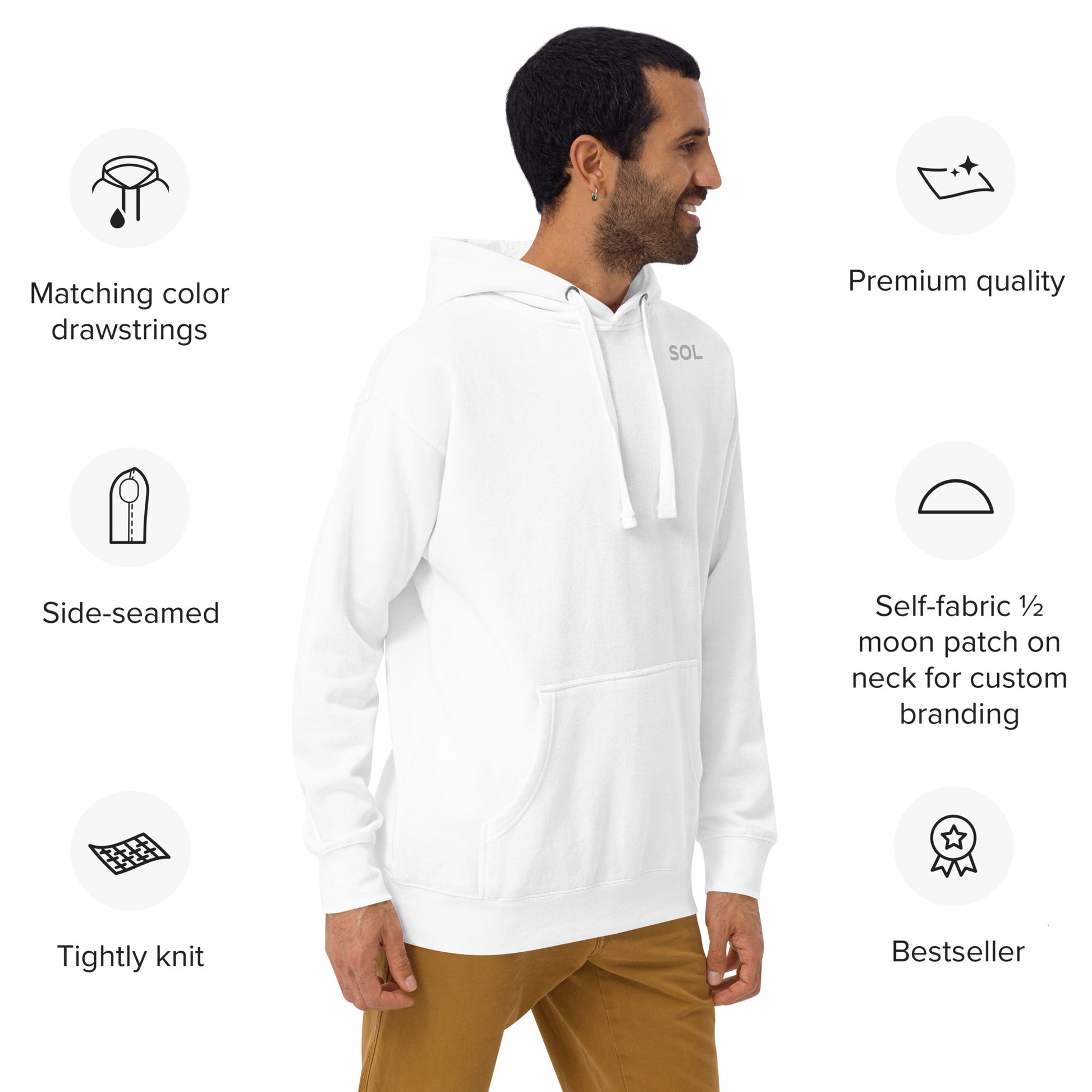 SOL Unisex Hoodie in White — angled front view